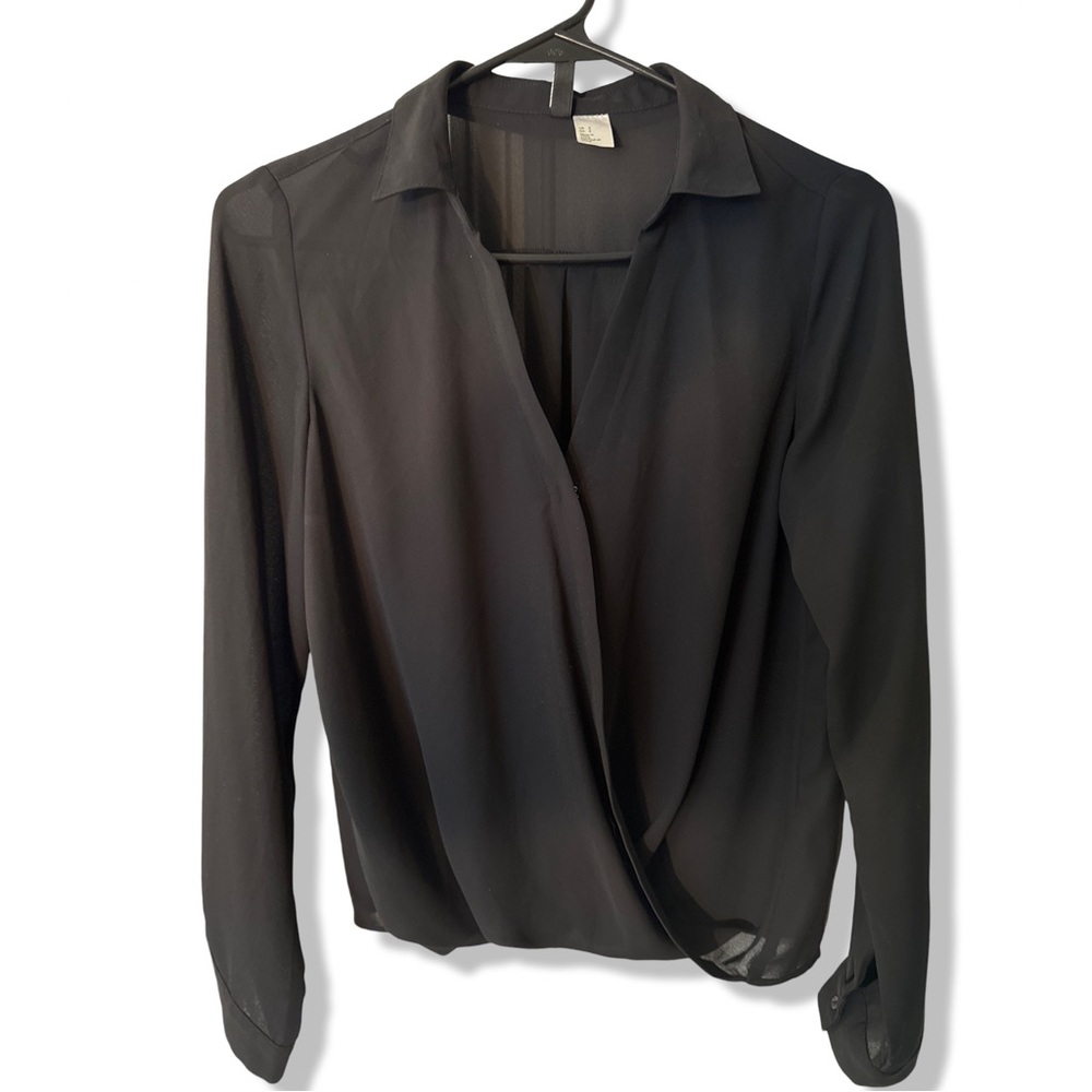 H&M Divided Cross Wrap V-Neck Blouse Size 2 (S) Black